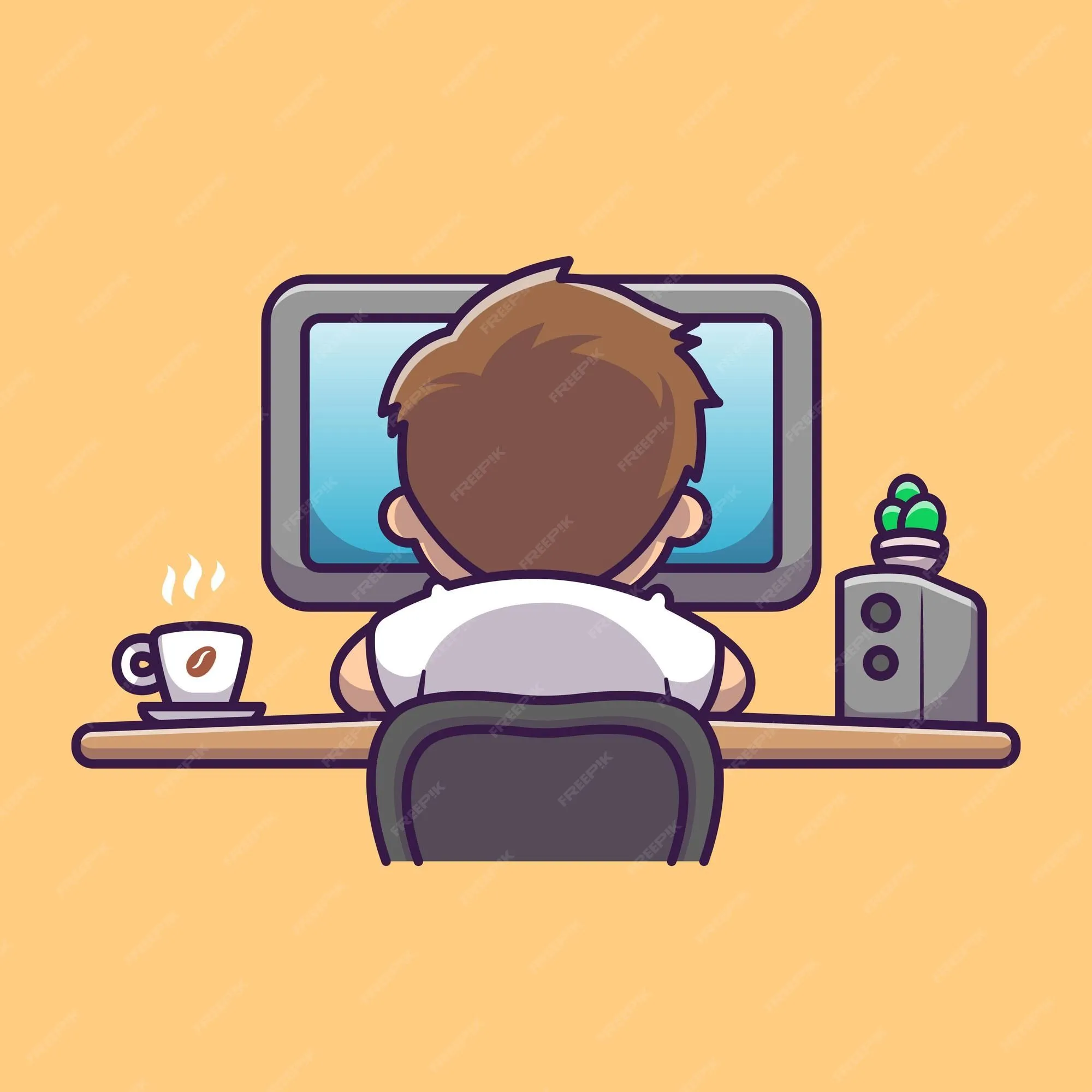 Hombre lindo que trabaja en la computadora con el ejemplo del icono del  vector de la historieta del café. concepto de icono de tecnología de  personas aislado vector premium. estilo de dibujos