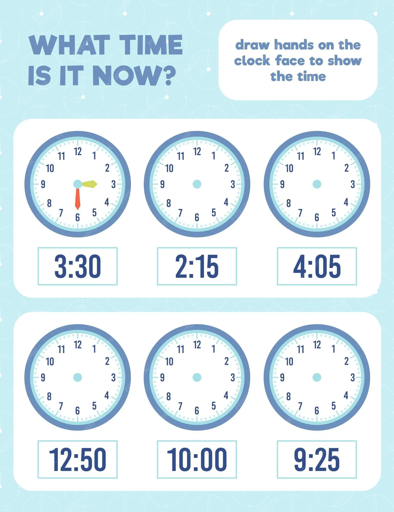 qué hora es? dibuja manecillas en la esfera del reloj. práctica de hoja de  trabajo de tiempo. imprimir página. | Vector Premium