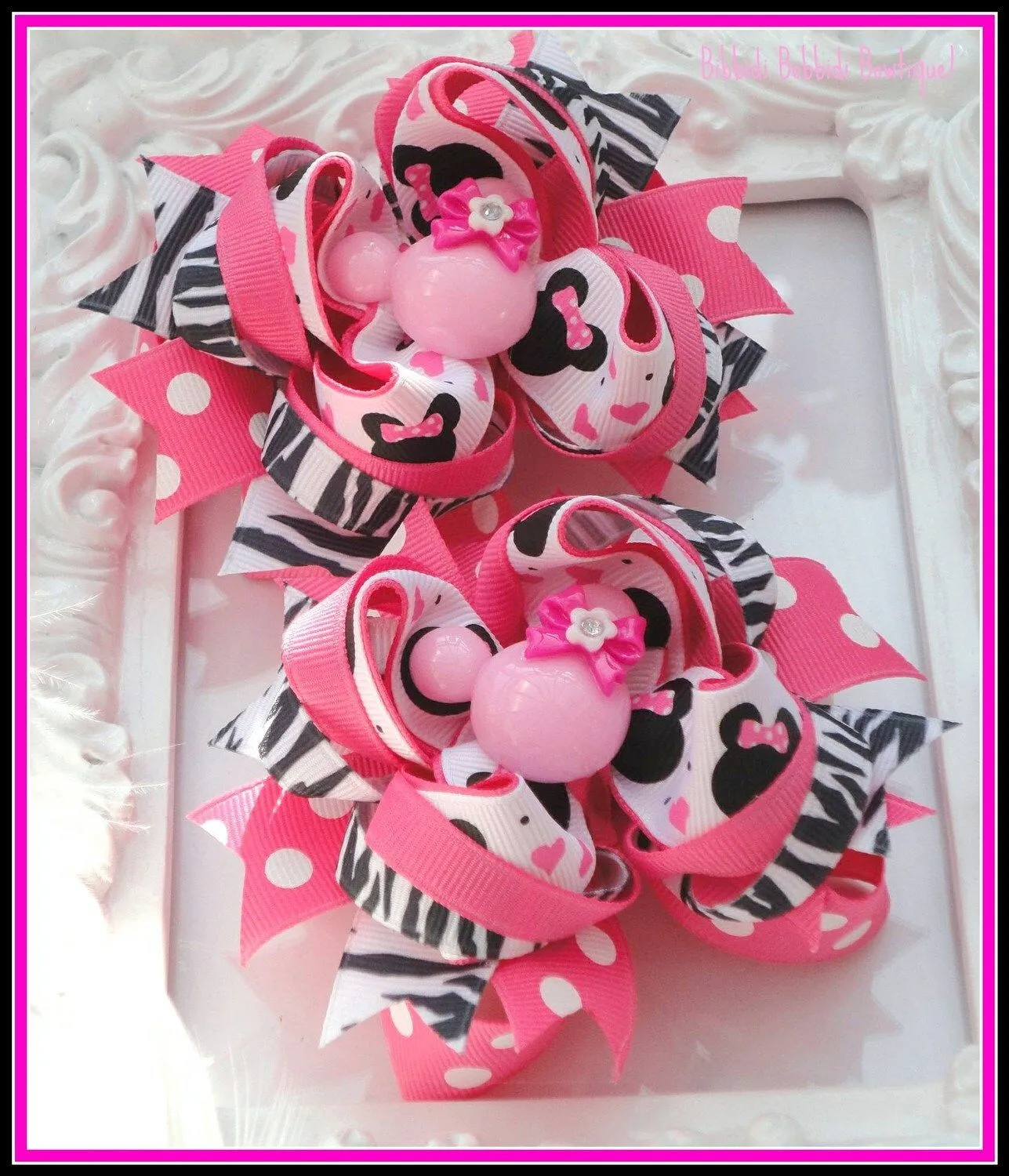 Hot Pink and Zebra Print Minnie Mouse Hair Bow by bibbidibobbidi