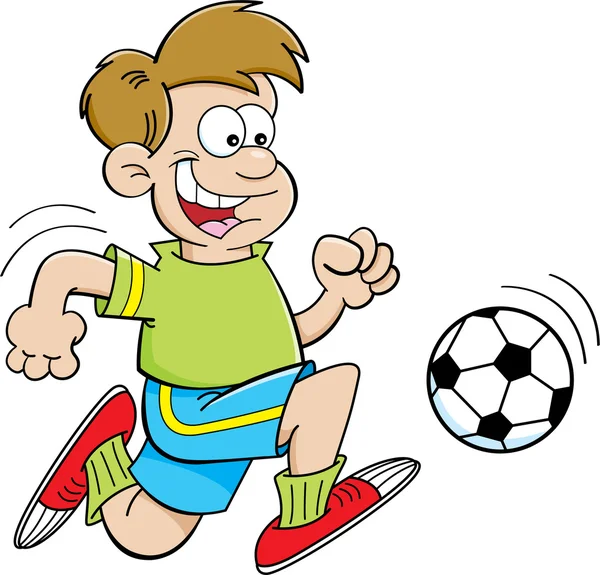 Ilustración de dibujos animados de un niño jugando fútbol — Vector ...