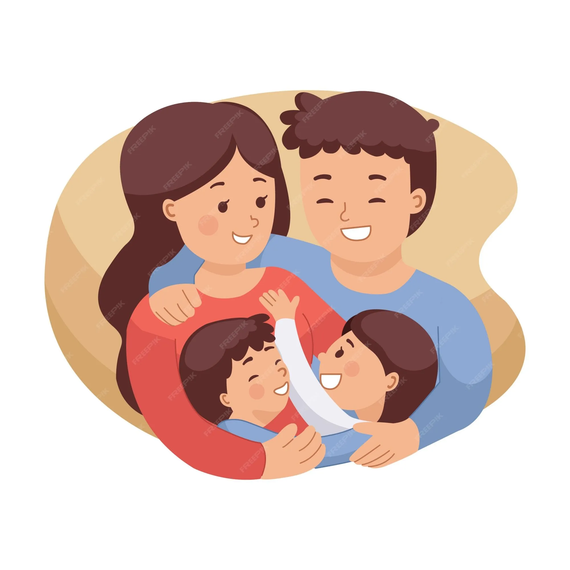 Ilustración de familia feliz abrazándose unos a otros. imagen de seguro  médico. mamá y papá con hija e hijo. día internacional de la familia.  estilo plano aislado sobre fondo blanco. | Vector