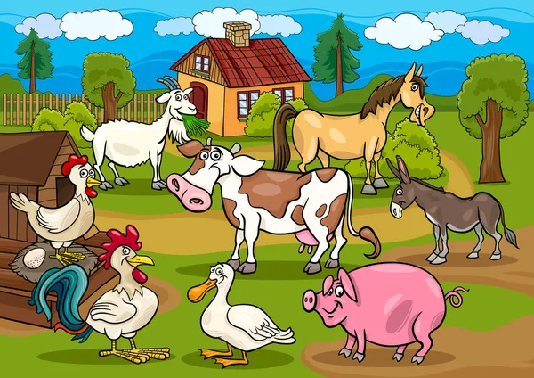 Ilustración de granja animales escena rural dibujos animados ...