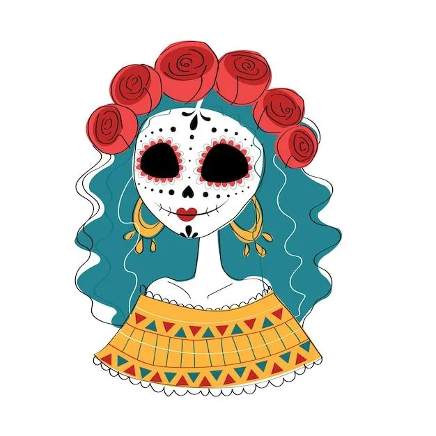 Una ilustración de una mujer mexicana tradicional con un maquillaje de  calavera de azúcar | Vector Premium