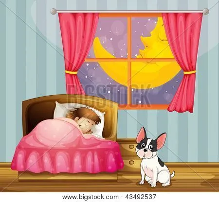 Ilustración de una niña durmiendo en su habitación con un perro ...