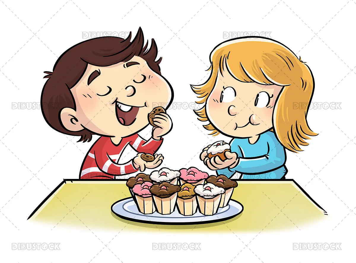 Ilustración de niños comiendo dulces en la mesa - Dibustock, dibujos e  ilustraciones infantiles para cuentos