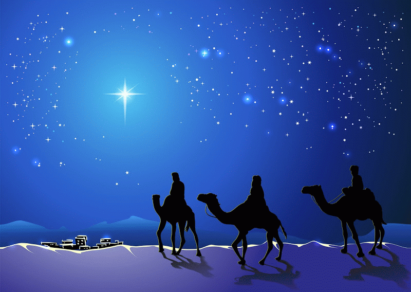 Ilustración de los Tres Reyes Magos, fondo estrellado y Estrella ...