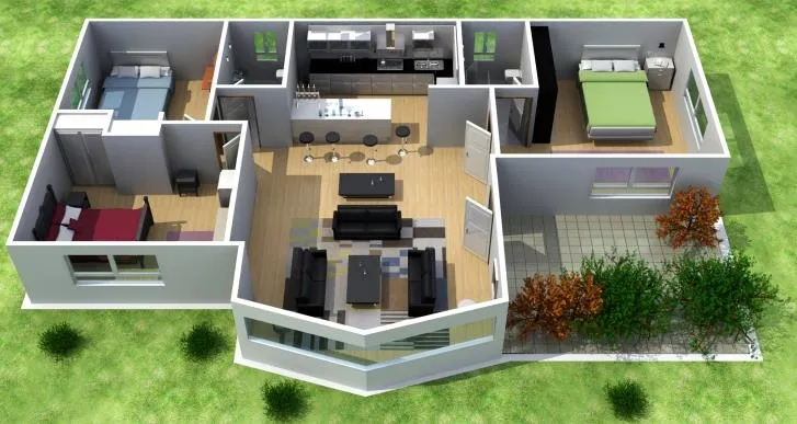 Plano de casa de 3 dormitorios, 2 baños y en 3D | Planos de Casas