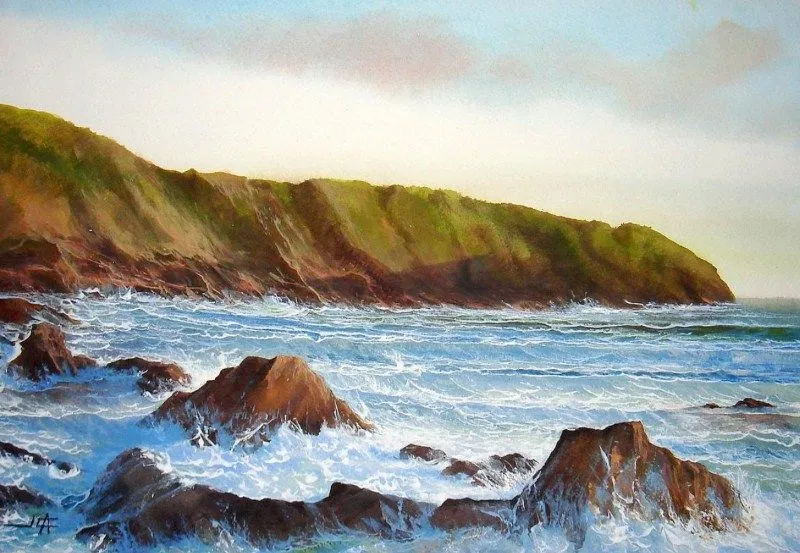 Imágenes Arte Pinturas: Pintura acuarela de paisaje marino con rocas