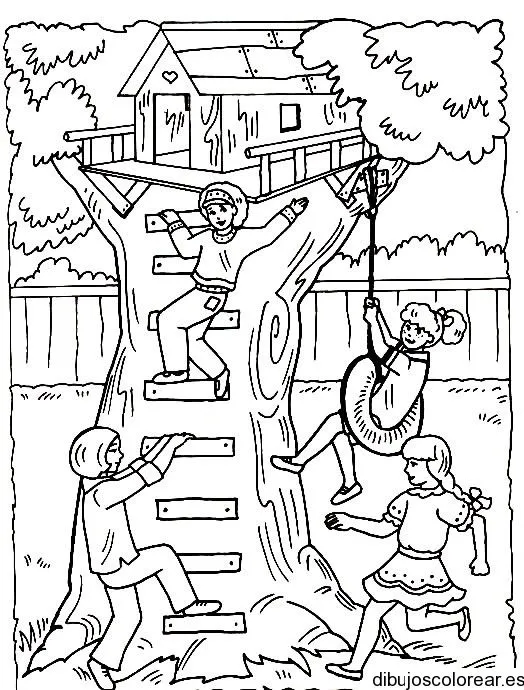 Dibujo de niños en la casa del árbol | Dibujos para Colorear