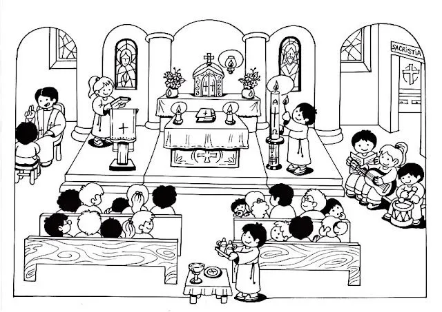 Niños en misa para colorear - Imagui