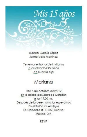 Invitación de 15 años con flores en color azul.Formato vertical de ...