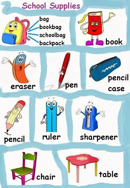 Imágenes de útiles de escolares con su nombre en inglés - Imagui