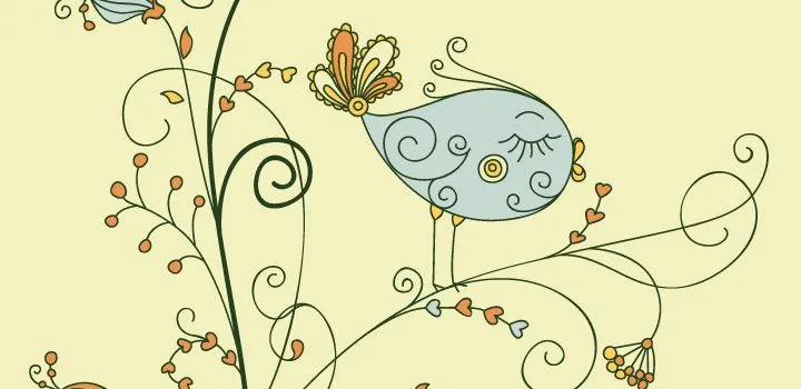 Una hermosa ilustracion de un pajarito en ramas estilo vintage