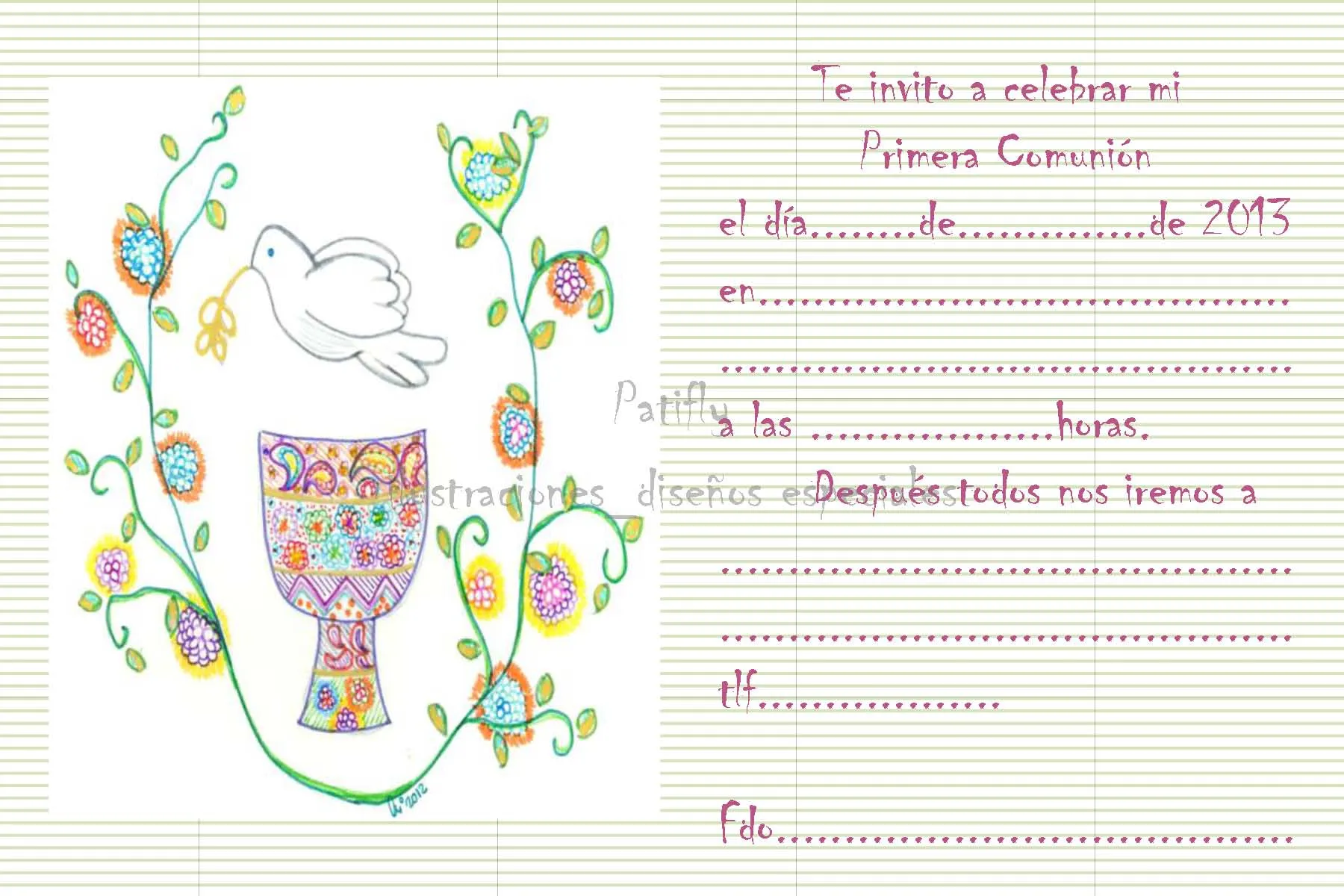 Invita a tus amigos a acompañarte el día de tu Primera Comunión | PATIFLY.  Ilustraciones, recordatorios de comunión, tarjetas de cumpleaños,  marcapáginas en Sevilla