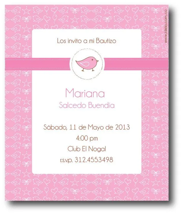 Invitación Bautizo, Baby Shower, Primera Comunión Pajarito Rosa ...