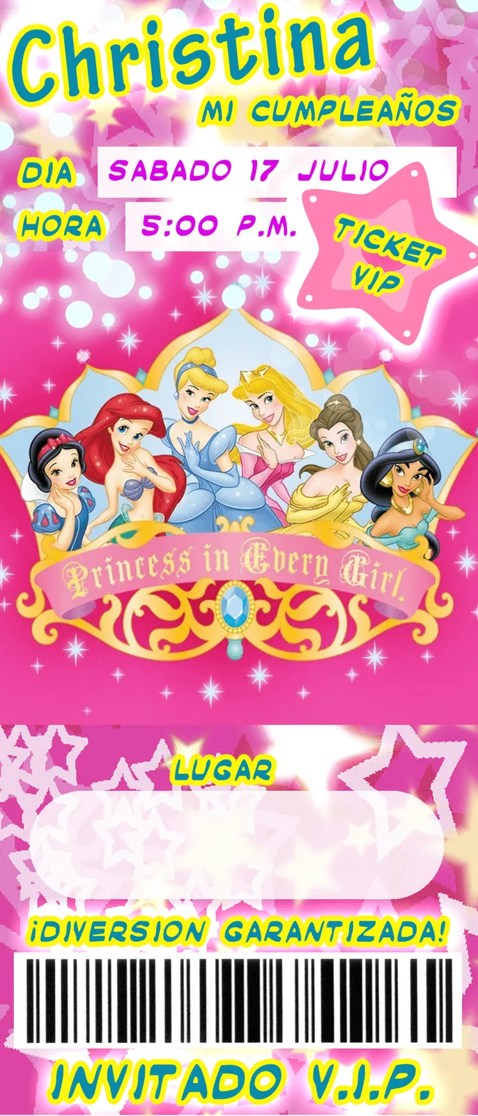 Invitación de Cumpleaños estilo Ticket con Diseño de las Princesas ...
