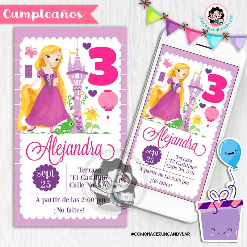 Invitación Digital: Princesa Rapunzel - Como hacer un Candy bar: Tienda de Kits e Invitaciones Imprimibles Invitación Digital: Princesa Rapunzel - Como hacer un Candy bar: Tienda de Kits e Invitaciones Imprimibles