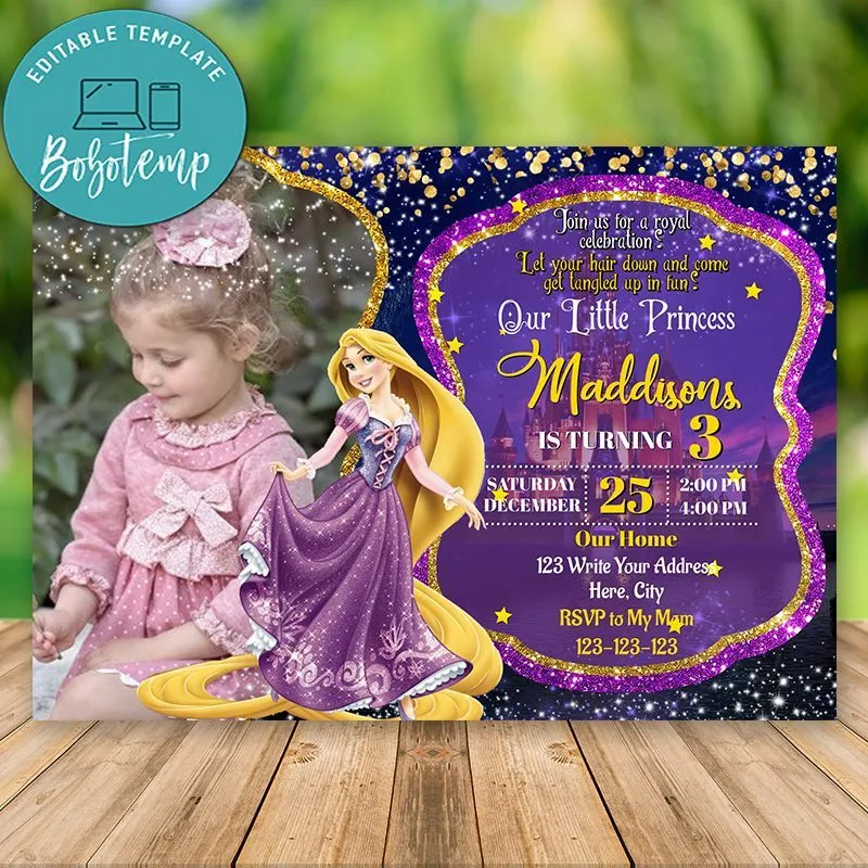 Invitación de fiesta de Disney Rapunzel editable con foto DIY | Bobotemp Invitación de fiesta de Disney Rapunzel editable con foto DIY | Bobotemp