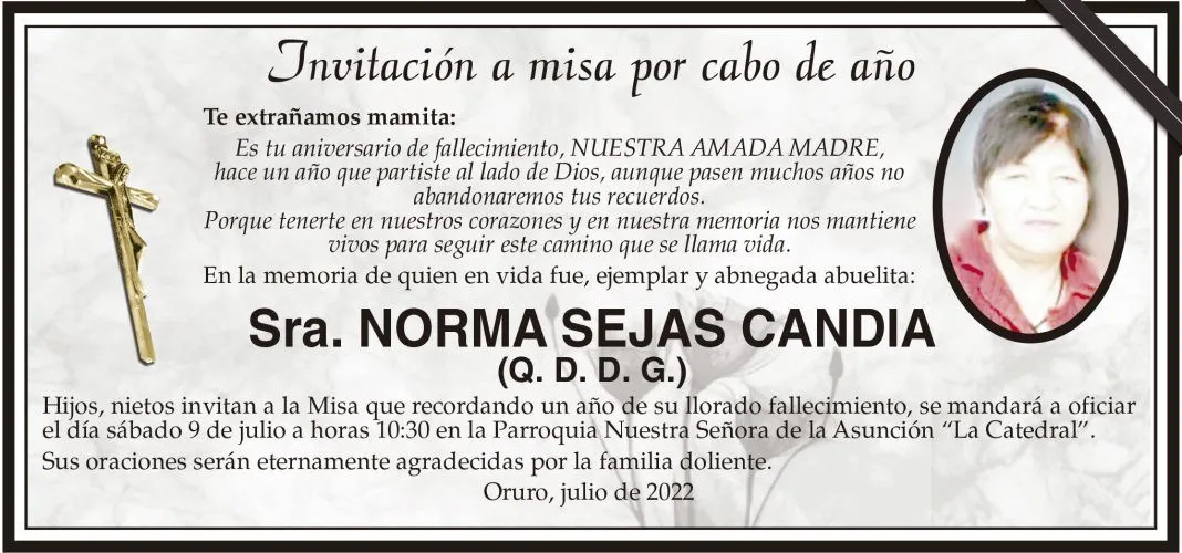 Invitación a misa por cabo de año: Sra. NORMA SEJAS CANDIA (Q. D. D. G.) -  Periódico La Patria