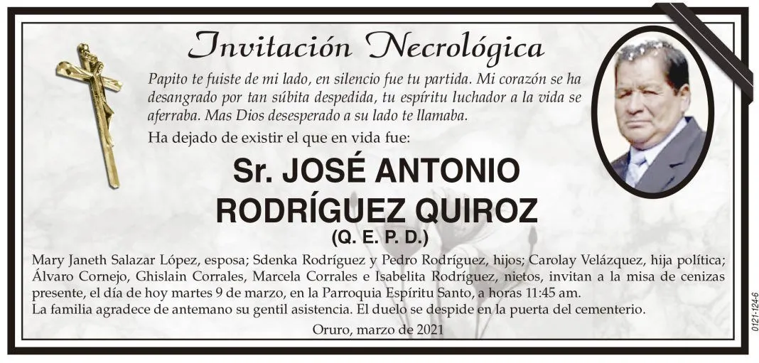 Invitación Necrológica: Sr. JOSÉ ANTONIO RODRÍGUEZ QUIROZ (Q. E. P. D.) -  Periódico La Patria