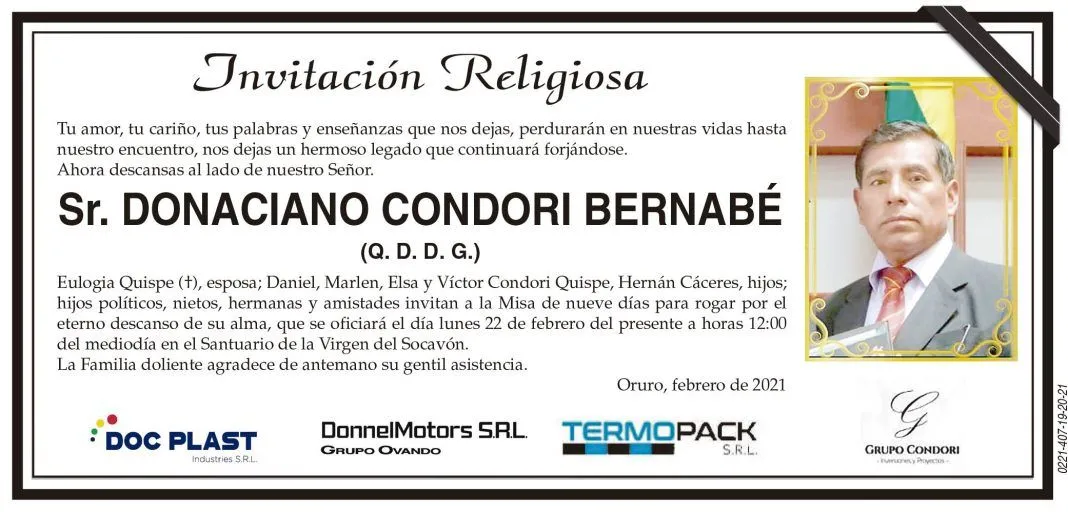 Invitación Religiosa: Sr. DONACIANO CONDORI BERNABÉ (Q. D. D. G.) -  Periódico La Patria
