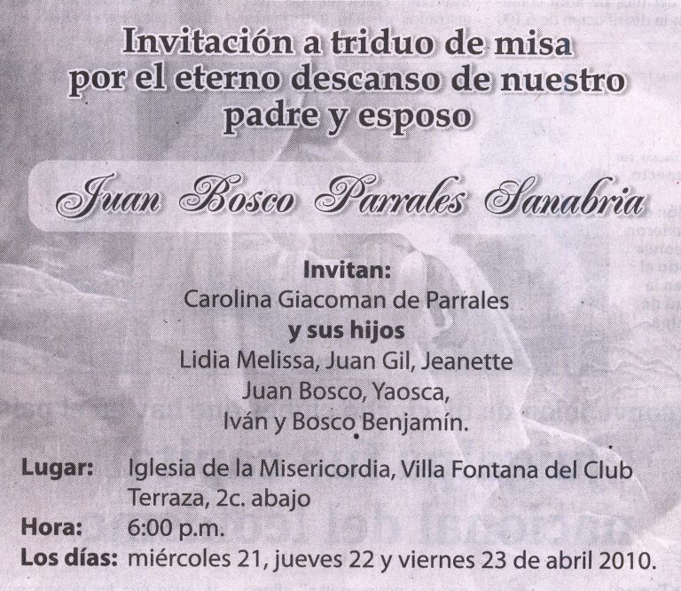 Invitación a triduo de misa por el eterno descanso de Juan Bosco Parrales  Sanabria | Juan bosco, Invitaciones, Bosco