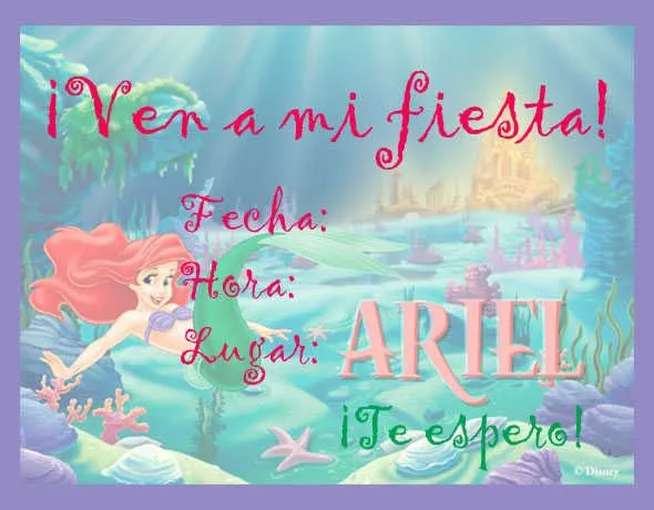 Invitaciones para imprimir de La Sirenita (Princesa Ariel) | Fiesta101