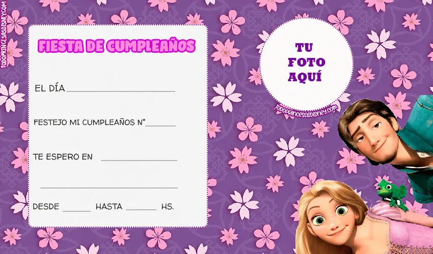 Invitaciones de Rapunzel para editar con Foto | Princesas Disney Invitaciones de Rapunzel para editar con Foto | Princesas Disney