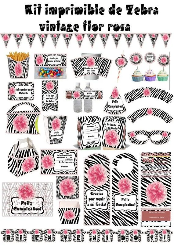 Items similar to Kit Imprimible animal print Zebra cebra Pink Flor ...
