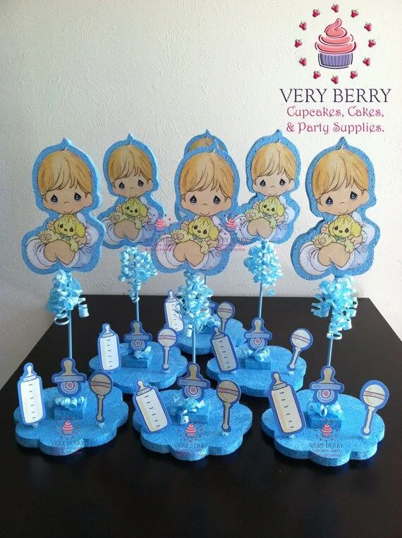 Items similar to 6 Precious Moments Baby Boy Glitter Centerpieces ...