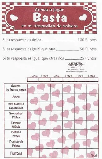 Juego “Basta” para despedida de soltera | Todo enamorados