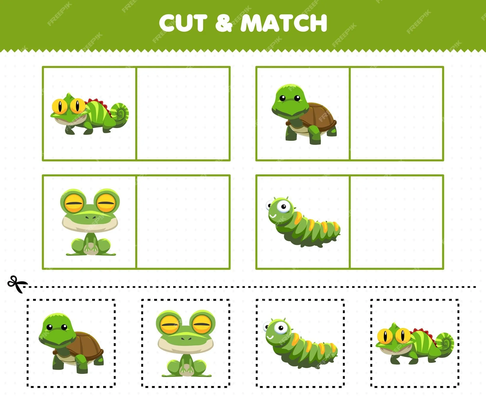 Juego educativo para niños: corte y combine la misma imagen de una linda  caricatura verde animal iguana tortuga rana oruga hoja de trabajo  imprimible | Vector Premium