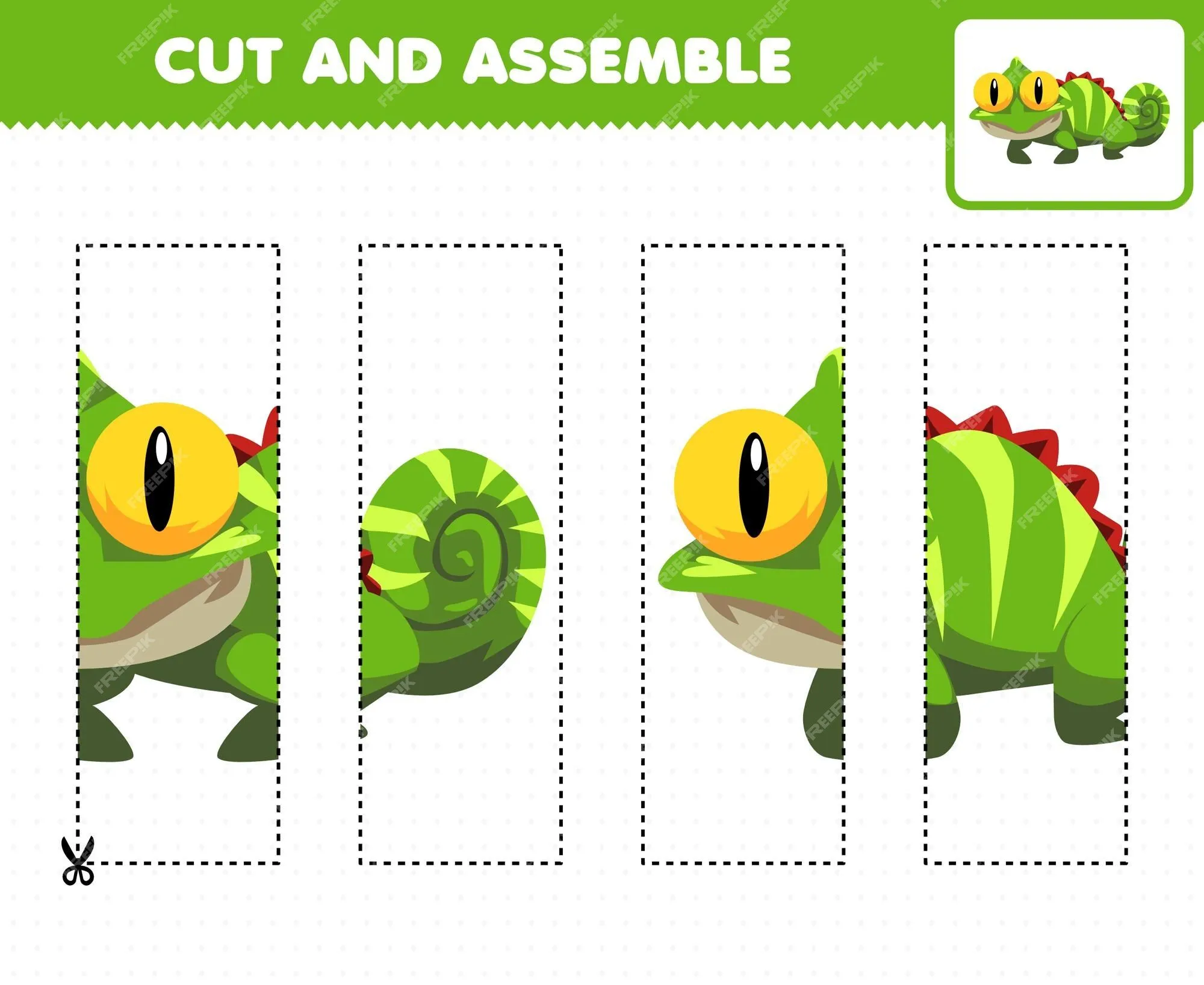 Juego educativo para niños, práctica de corte y ensamblaje de rompecabezas  con linda iguana animal de dibujos animados | Vector Premium