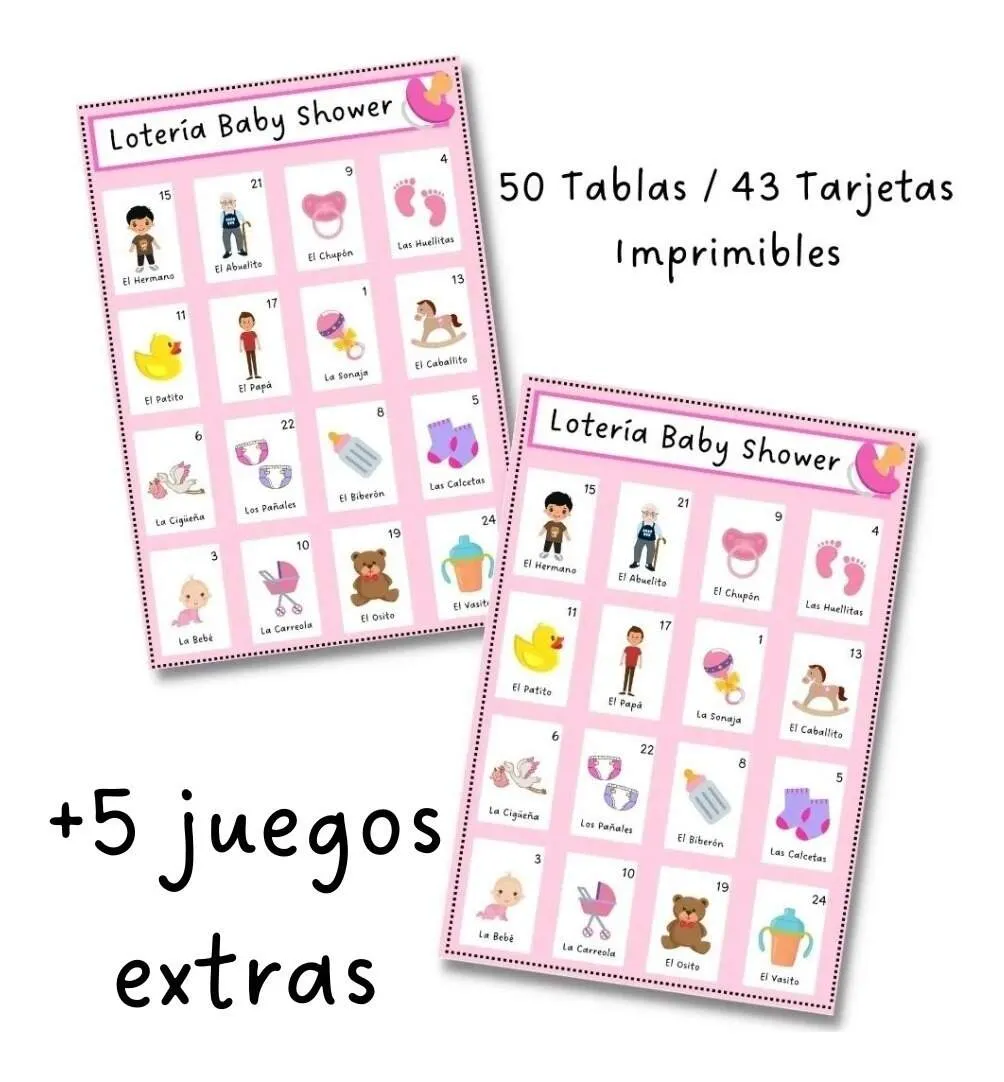 Kit Imprimible Loteria Baby Shower 50 Cuadros Formato Pdf
