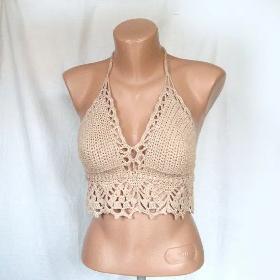 Lace crochet white halter /bikini top , Open back sexy bikini top ...