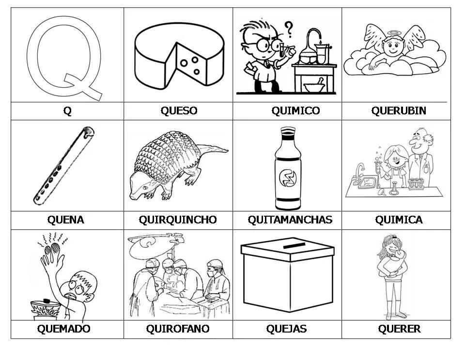 Laminas con dibujos para aprender palabras y colorear con letra: Q ... Laminas con dibujos para aprender palabras y colorear con letra: Q ...