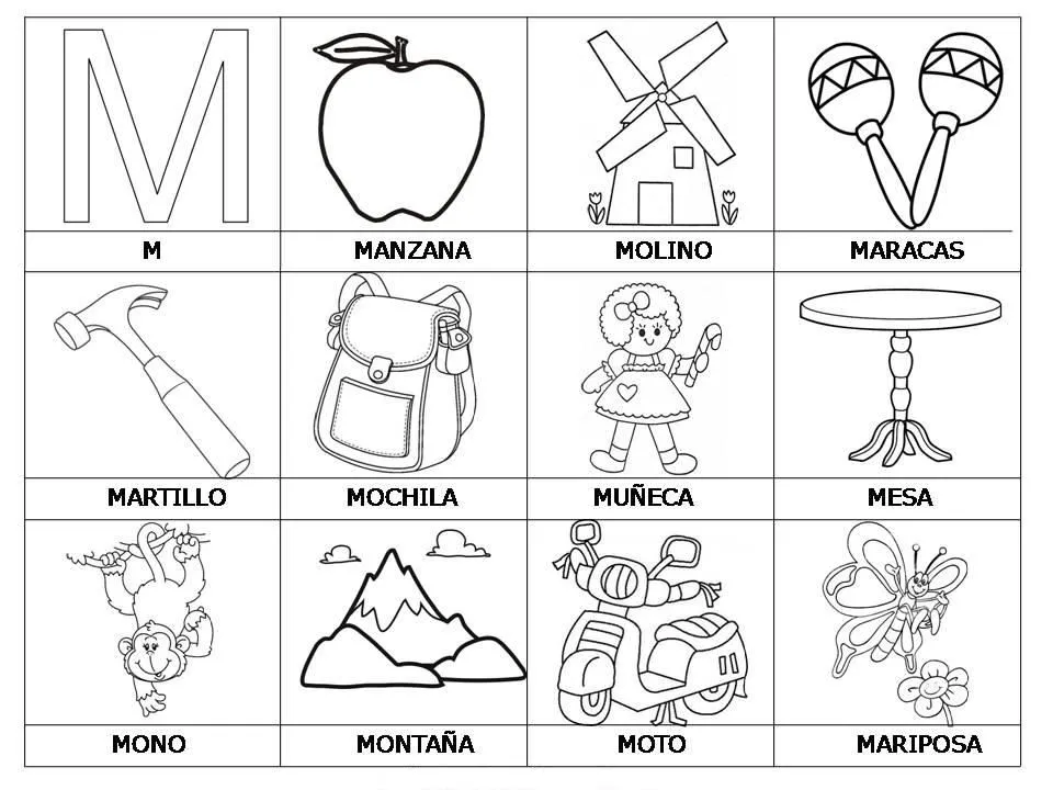 Laminas con dibujos para aprender palabras y colorear con letra: M ...