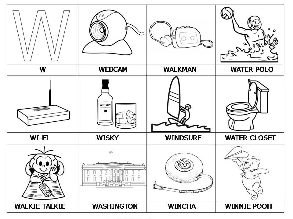 Laminas con dibujos para aprender palabras y colorear con letra: W ... Laminas con dibujos para aprender palabras y colorear con letra: W ...