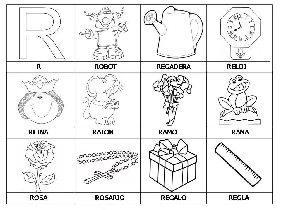 Laminas con dibujos para aprender palabras y colorear con letra: R