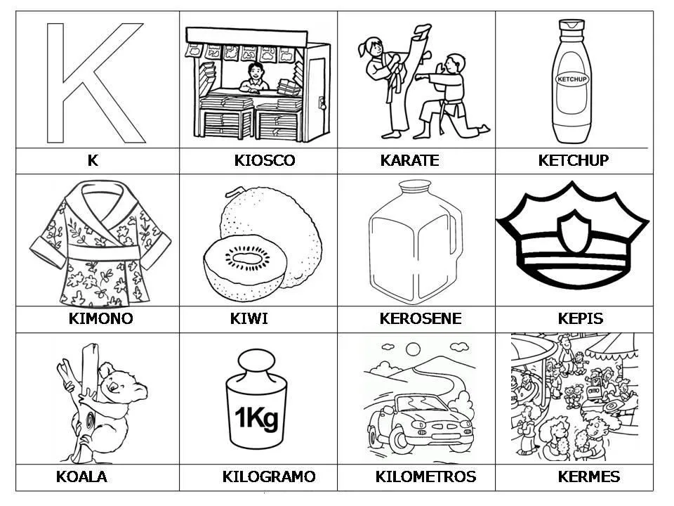 Laminas con dibujos para aprender palabras y colorear con letra: K ... Laminas con dibujos para aprender palabras y colorear con letra: K ...