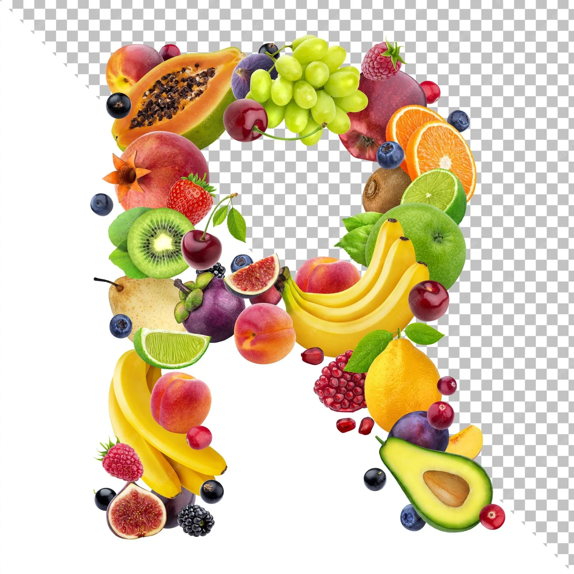 Letra r hecha de bayas y frutas, alfabeto de alimentos aislado | Archivo  PSD Premium