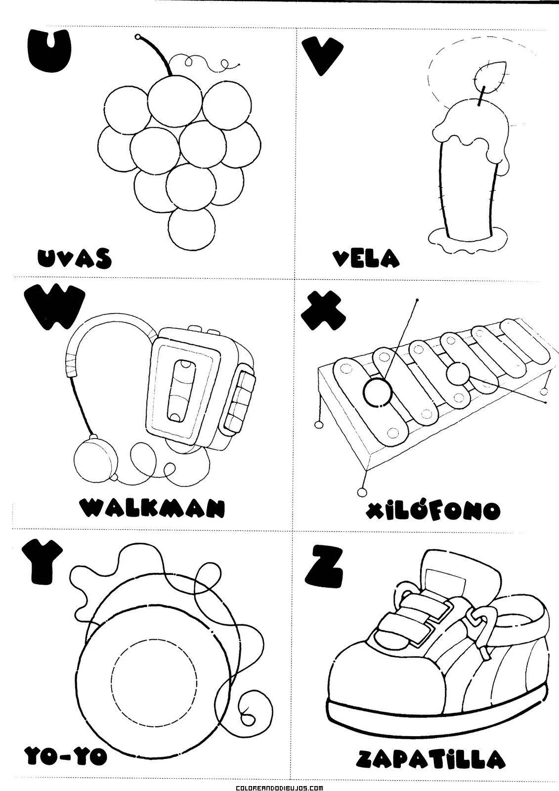 Letras U, V, W, X, Y, Z para colorear - Dibujos para colorear