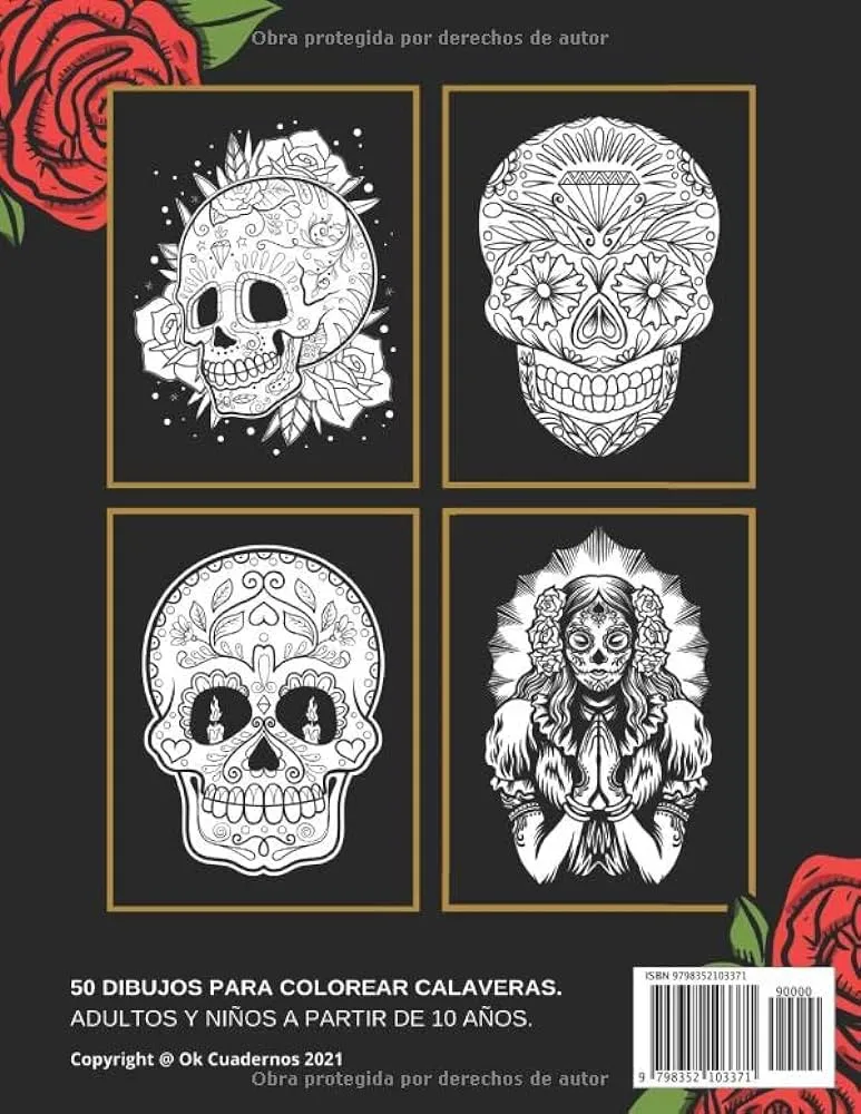Libro de colorear Calaveras: 50 láminas para colorear Día de los Muertos  con el fondo negro | Calaveritas de azúcar y tatuajes para colorear | ...  adultos y adolescentes (Spanish Edition) :
