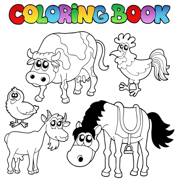 Libro para colorear con dibujos animados de la granja — Vector ...