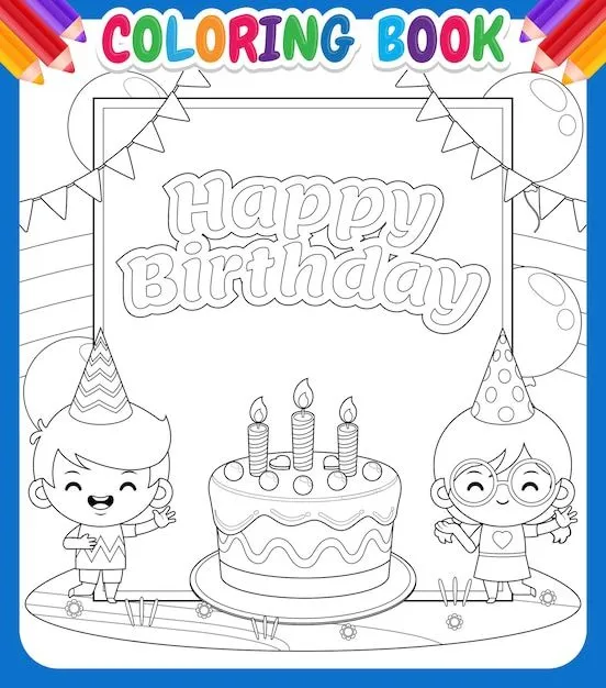 Libro de colorear para niños. lindo niño y niña con gran pancarta de feliz  cumpleaños | Vector Premium