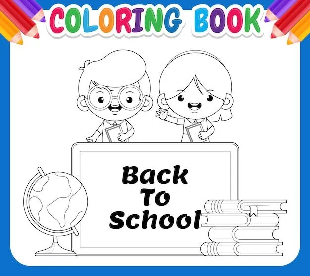 Libro para colorear para niños llamado regreso a la escuela y con dibujos  de estudiantes, libros y una bola del mundo. | Vector Premium