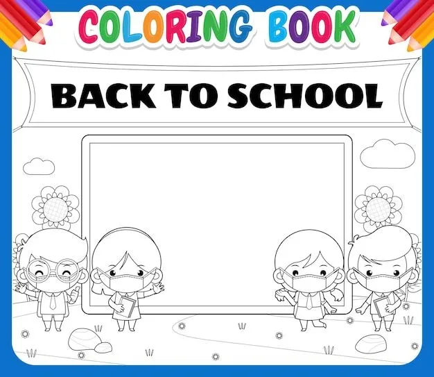 Libro para colorear para niños llamado regreso a la escuela y con dibujos  de estudiantes con mascarillas | Vector Premium