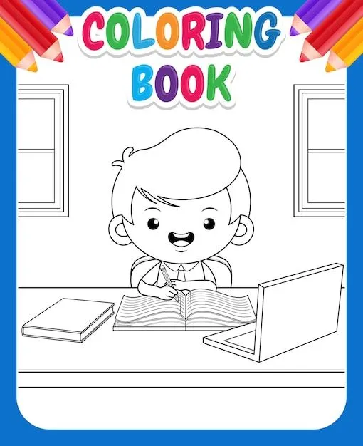 Libro para colorear para niños niño feliz escribiendo en un libro | Vector  Premium