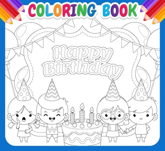 Libro de colorear para niños. cuatro niños celebrando la bandera del feliz  cumpleaños | Vector Premium