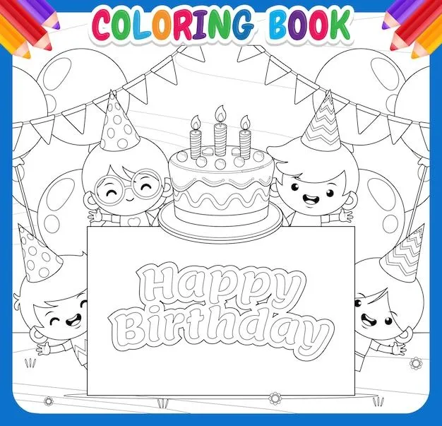 Libro de colorear para niños. cuatro niños feliz cumpleaños con pastel y  pancarta | Vector Premium